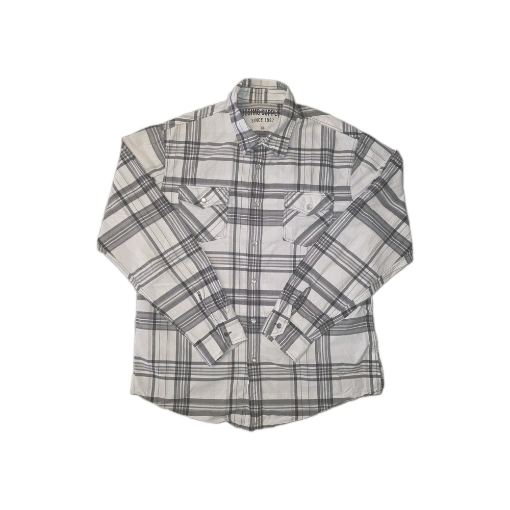Mossimo Supply Co. Flannel Plaid White Gray Size L Button Down Pearl Snap Shirt